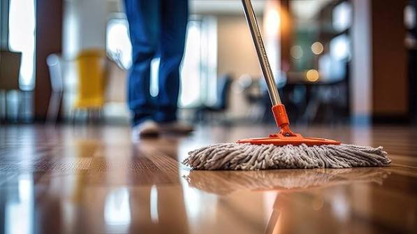 Mop cleaning a hallway floor
