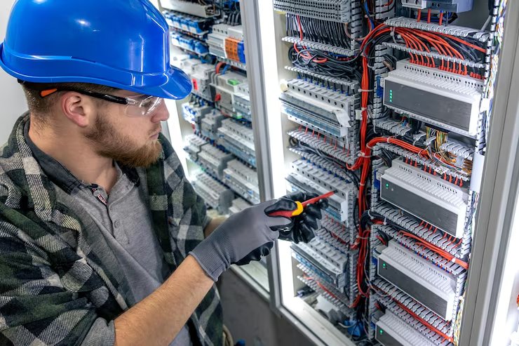Electrician checking an electrical control board